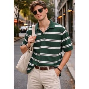 VTG REVE Mens Forest Green White Striped Short Sleeve Polo Shirt Large L Pique